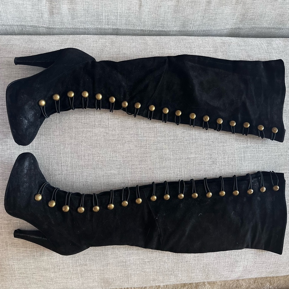 Jeffrey Campbell Black Over-the-Knee Boots with Brass Button Details